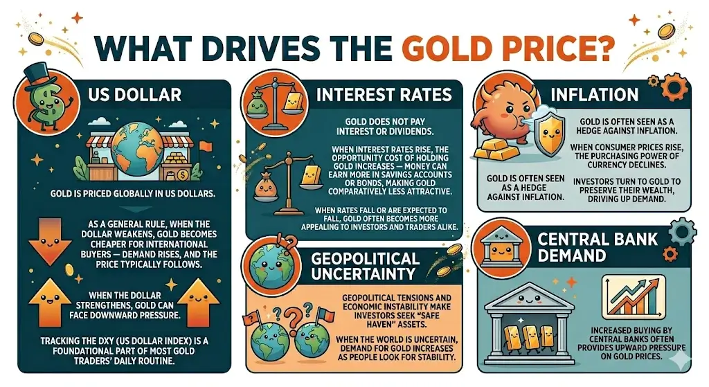 What Drives the Gold Price? 

1. US Dollar
2. Interest Rates
3. Geopolitical Uncertainty
4. Inflation
5. Central Bank Demand