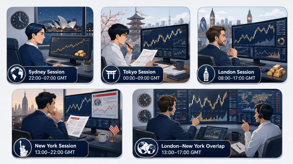 Illustration of Popular Gold Trading Sessions By Timezone For Gold Trading Hours Vantage Markets