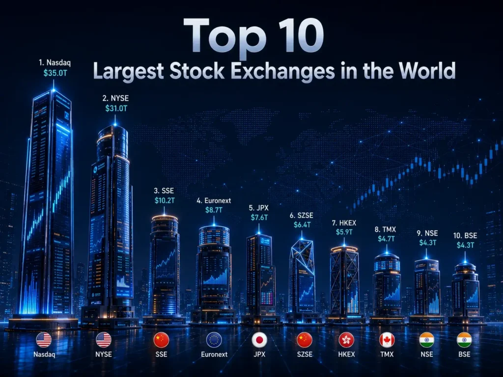Infographic listing the top 10 largest stock exchanges globally, showing exchange names and market values (Nasdaq, NYSE, SSE, Euronext, JPX, SZSE, HKEX, TMX, NSE, BSE).