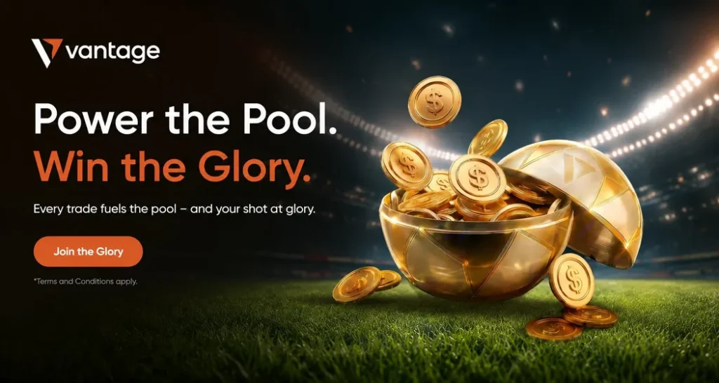 Vantage hero banner with gold coins spilling from a golden chest on a stadium field, displaying the slogan 'Power the Pool. Win the Glory' and a 'Join the Glory' button.