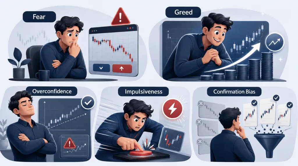 Five key elements of trading psychology: fear, greed, overconfidence, impulsiveness and confirmation bias