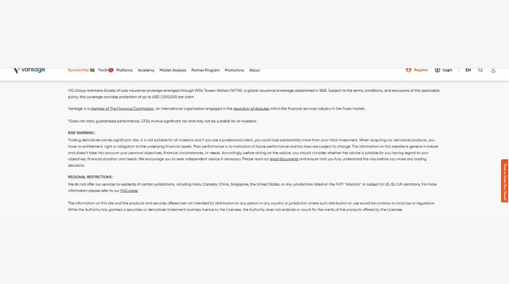 Vantage Markets webpage showing CFD risk information and regional restrictions